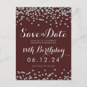 Silver 18th Birthday Save Date Confetti Burgundy Announcement Postcard