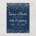 Silver 18th Birthday Save Date Confetti Navy Blue Announcement Postcard<br><div class="desc">18th Birthday Party "Save The Date" template design with Silver Faux Glitter Confetti Navy Blue and custom name and date text. Fully customizable!</div>