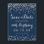 Silver 18th Birthday Save Date Confetti Navy Blue Announcement Postcard<br><div class="desc">18th Birthday Party "Save The Date" template design with Silver Faux Glitter Confetti Navy Blue and custom name and date text. Fully customizable!</div>