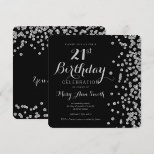 Silver 21st Birthday Faux Glitter Confetti Black Invitation