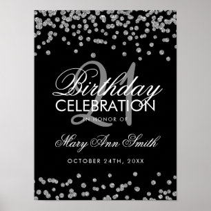 Silver 21st Birthday Faux Glitter Confetti Black Poster