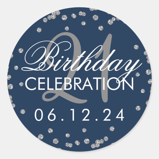 Silver 21st Birthday Faux Glitter Confetti Navy Classic Round Sticker (Front)