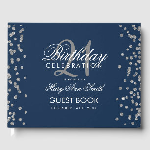 Silver 21st Birthday Party Glitter Confetti Navy Guest Book