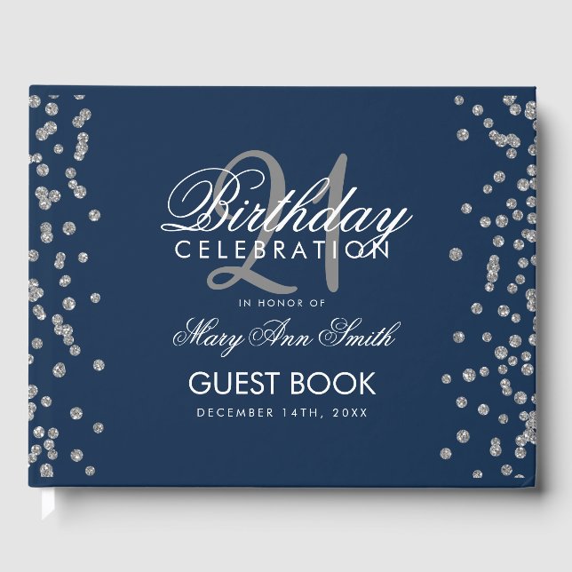 Silver 21st Birthday Party Glitter Confetti Navy Guest Book (Front)