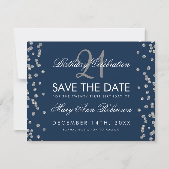 Silver 21st Birthday Save the Date Confetti Navy (Front)