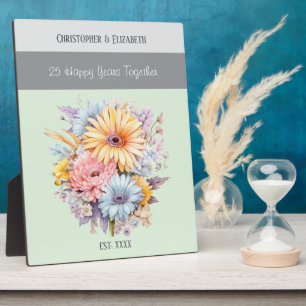 Silver 25th anniversary flowers names green plaque