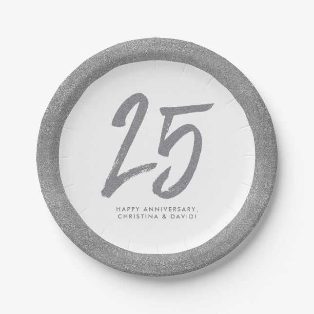 Silver 25th anniversary party personalized paper plate (Front)