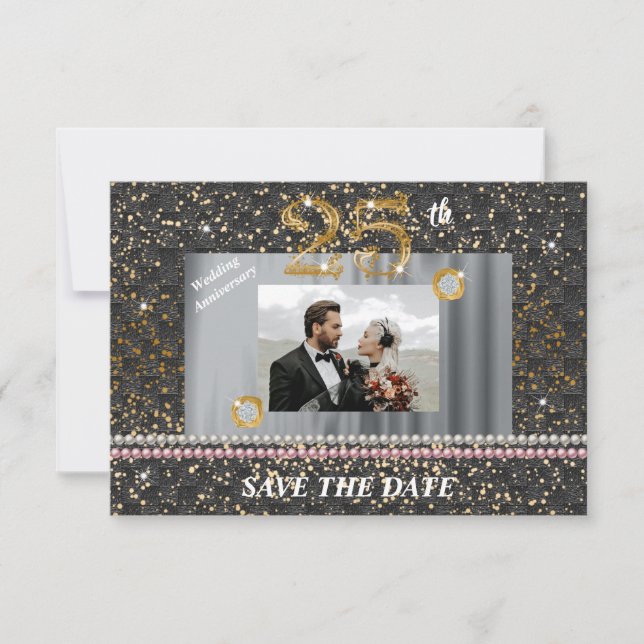 Silver 25th Wedding Anniversary Black Woven Pearls Invitation (Front)
