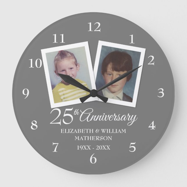 Silver 25th Wedding Anniversary Childhood Photos Large Clock (Front)