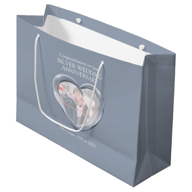 Silver 25th wedding anniversary photo year large gift bag (Front Angled)