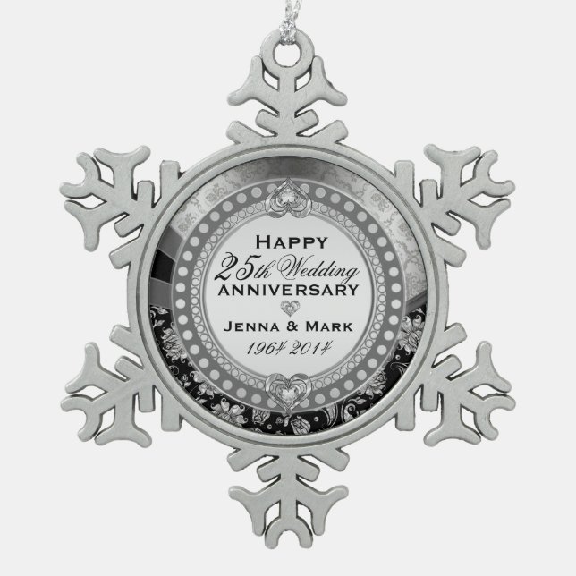 Silver 25th Wedding Anniversary Snowflake Pewter Christmas Ornament (Front)