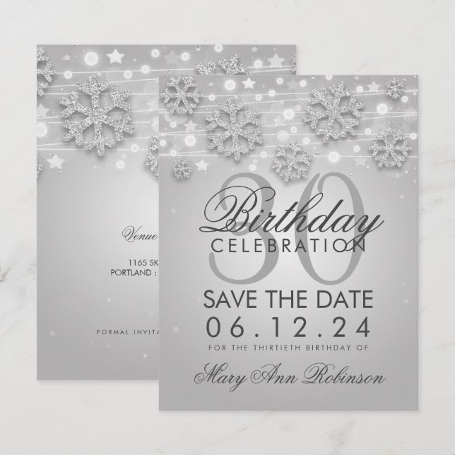 Silver 30th Birthday Save Date Winter Invitation (Front/Back)