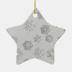 Silver 3-d snowflakes on a silver background ceramic ornament