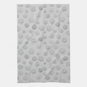 Silver 3-d snowflakes on a silver background kitchen towel
