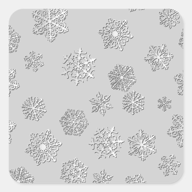 Silver 3-d snowflakes on a silver background square sticker (Front)