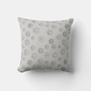 Silver 3-d snowflakes on a silver grey background throw pillow