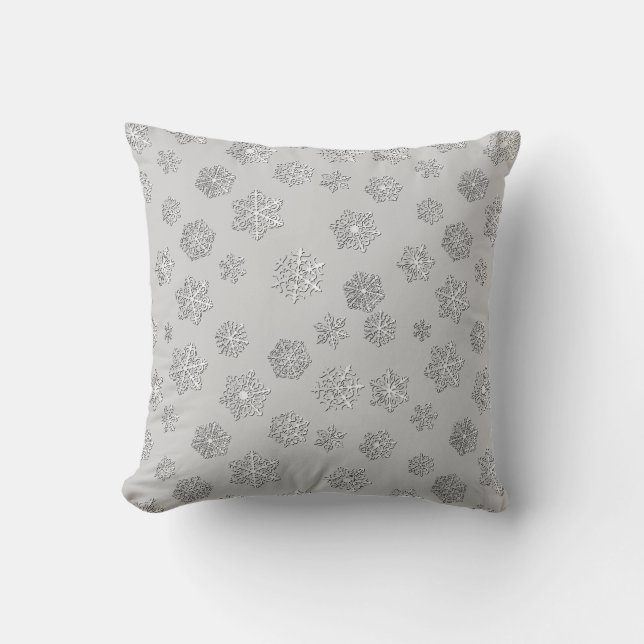 Silver 3-d snowflakes on a silver grey background throw pillow (Front)