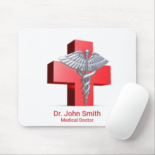 Silver 3D Caduceus Cross Red Medical Mouse Pad