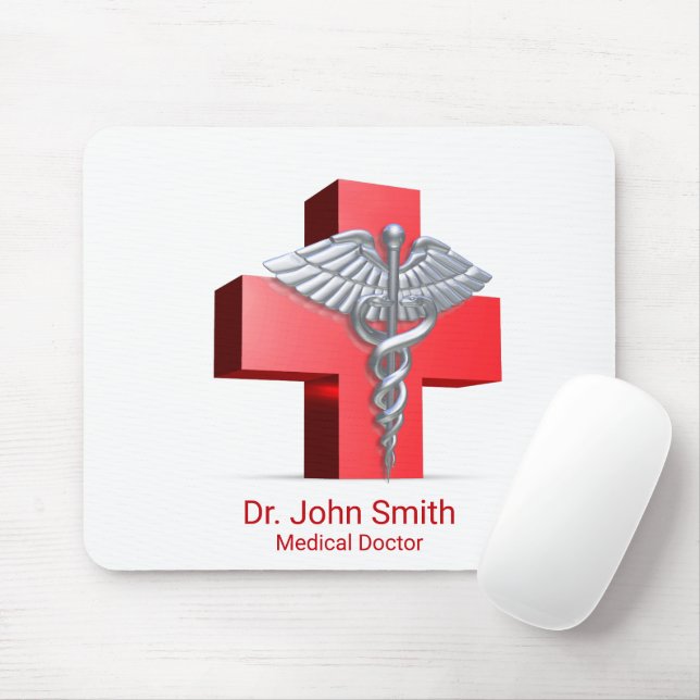 Silver 3D Caduceus Cross Red Medical Mouse Pad (With Mouse)