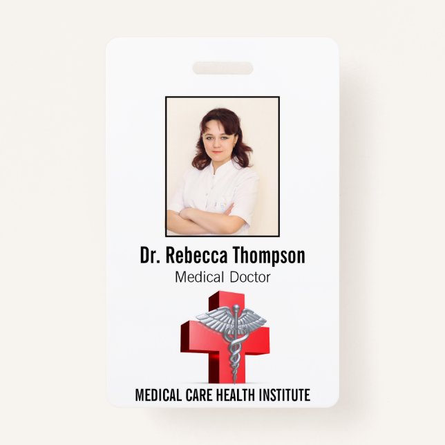 Silver 3D Caduceus Cross Red Medical Photo ID Badge (Front)
