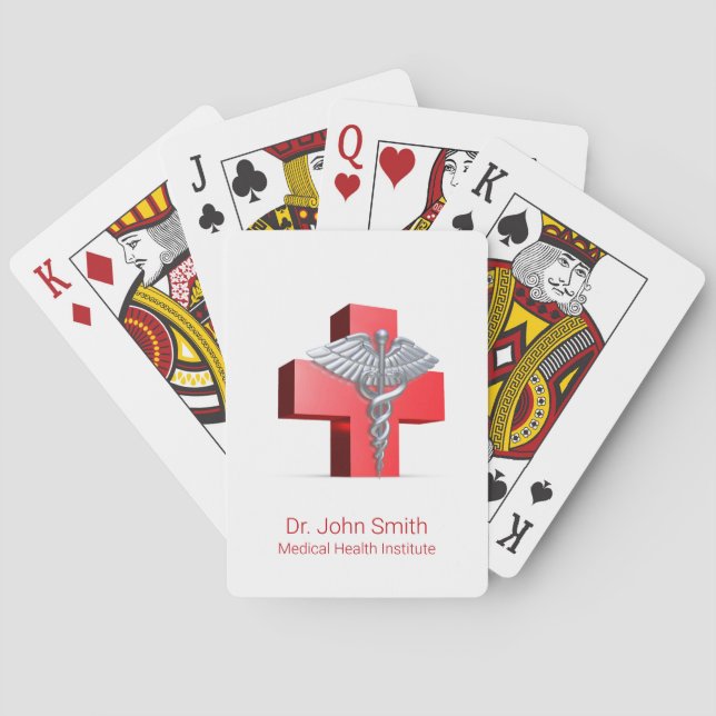 Silver 3D Caduceus Medical Cross Red Playing Cards (Back)
