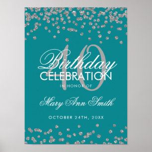 Silver 40th Birthday Glitter Confetti Teal Poster