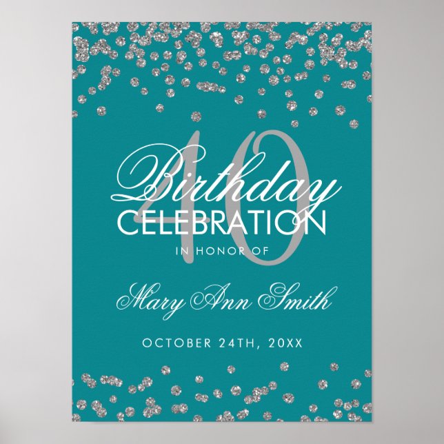 Silver 40th Birthday Glitter Confetti Teal Poster (Front)