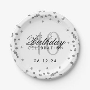 Silver 40th Birthday Glitter Confetti White Paper Plate