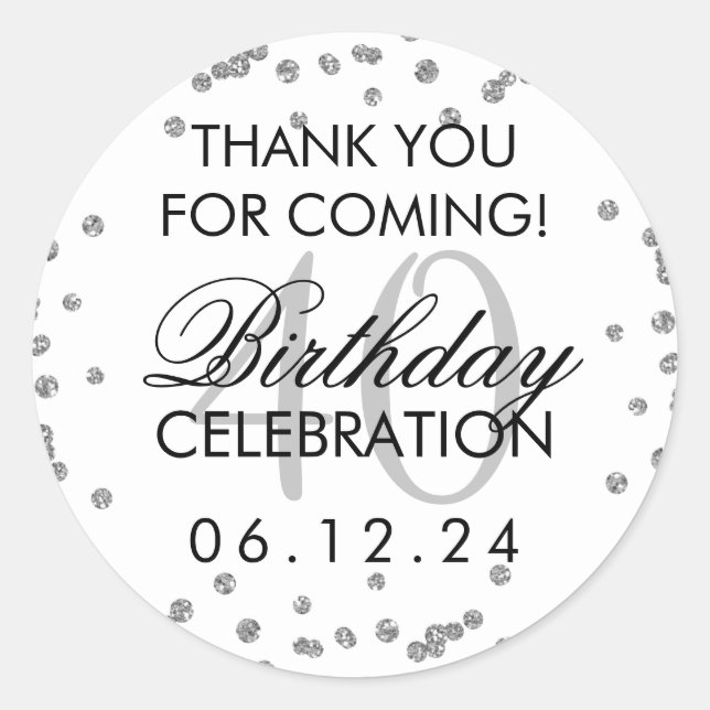 Silver 40th Birthday Thank You Glitter Confetti Classic Round Sticker (Front)