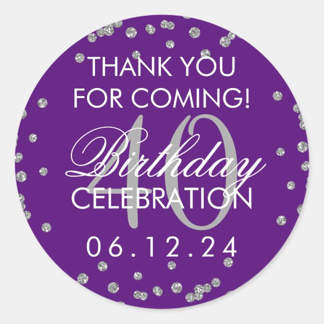 Silver 40th Birthday Thank You Glitter Confetti Classic Round Sticker (Front)