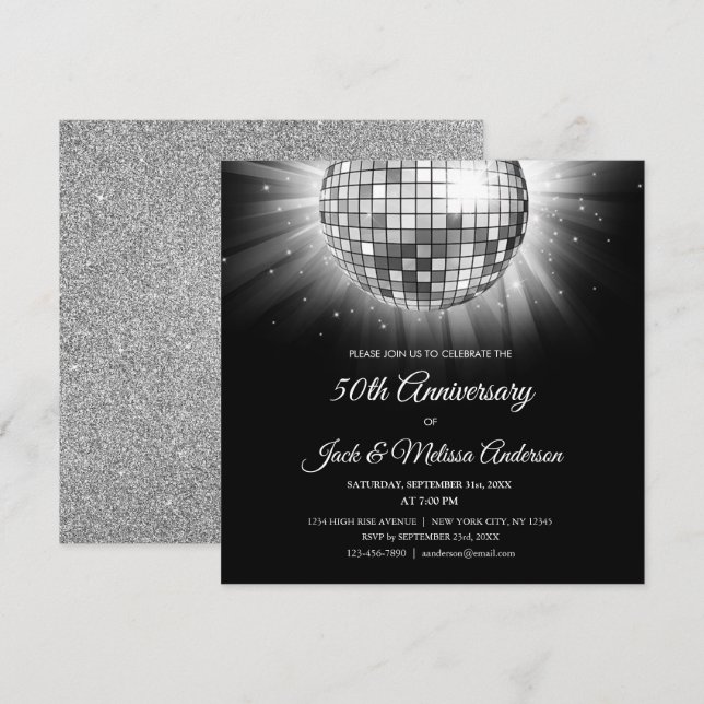 Silver 50th Anniversary Party Disco Ball Invitation (Front/Back)