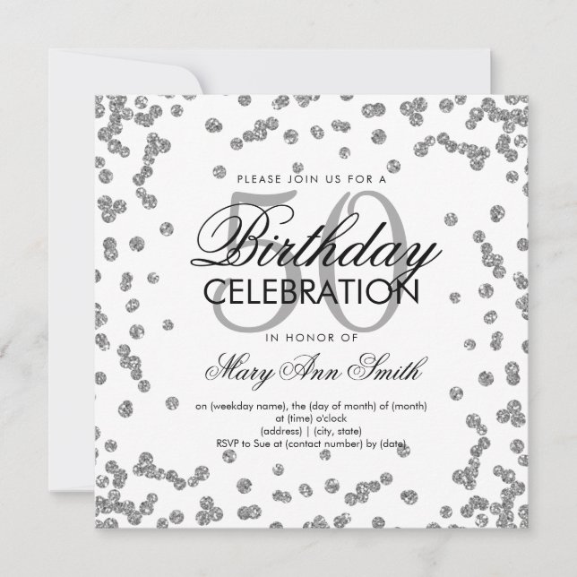 Silver 50th Birthday Elegant Glitter Confetti Invitation (Front)