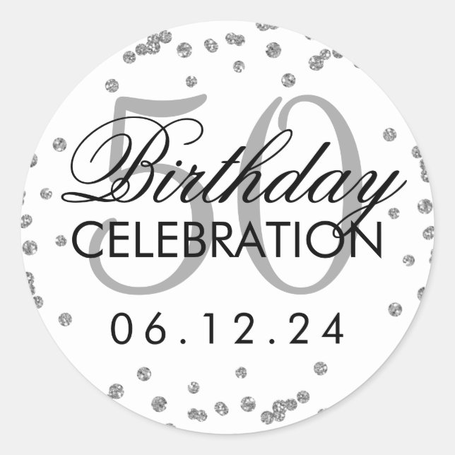 Silver 50th Birthday Faux Glitter Confetti Classic Round Sticker (Front)