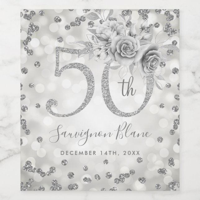 Silver 50th Birthday Floral Glam Lights  Wine Label (Single Label)