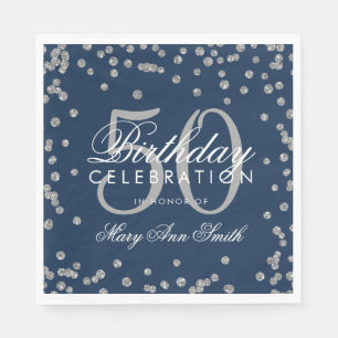 Silver 50th Birthday Glitter Confetti Navy Blue Napkin