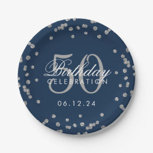 Silver 50th Birthday Glitter Confetti Navy Blue Paper Plate