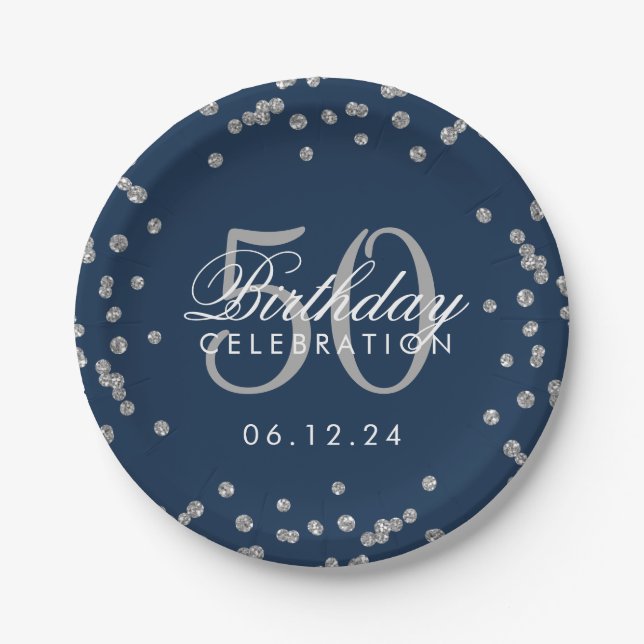 Silver 50th Birthday Glitter Confetti Navy Blue Paper Plate (Front)