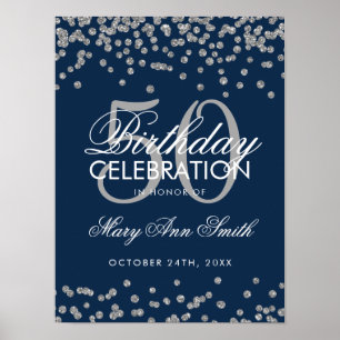 Silver 50th Birthday Glitter Confetti Navy Blue Poster