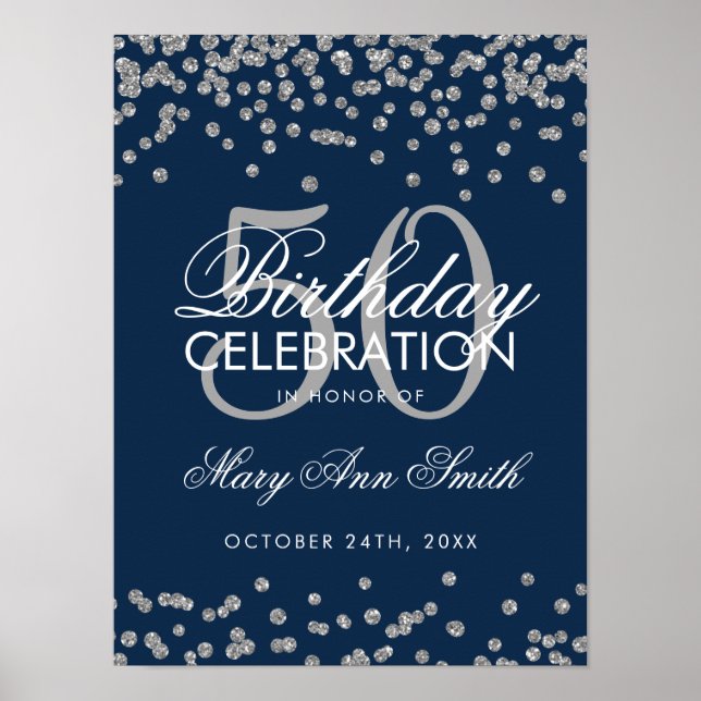 Silver 50th Birthday Glitter Confetti Navy Blue Poster (Front)