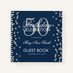 Silver 50th Birthday Guestbook Confetti Navy Blue Notebook
