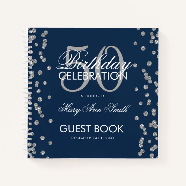 Silver 50th Birthday Guestbook Confetti Navy Blue Notebook (Front)