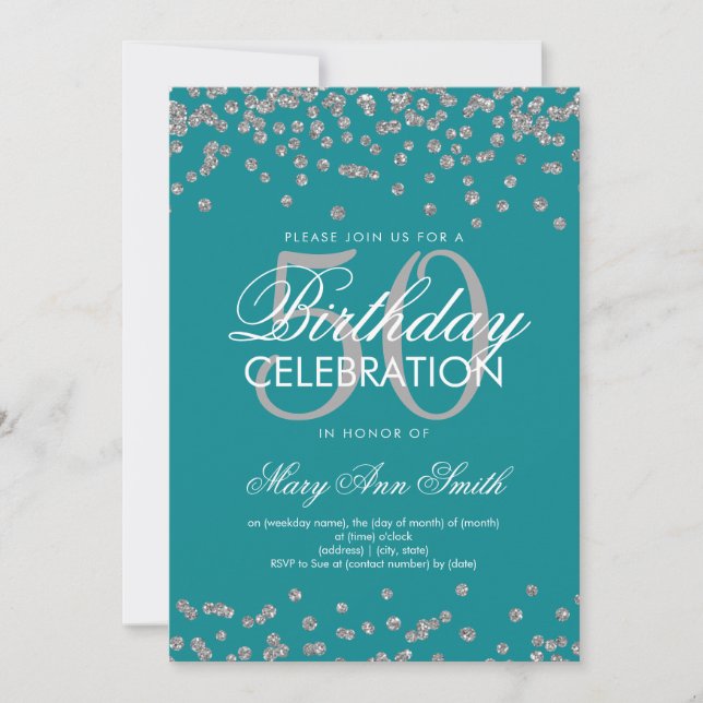 Silver 50th Birthday Party Glitter Confetti Teal Invitation (Front)