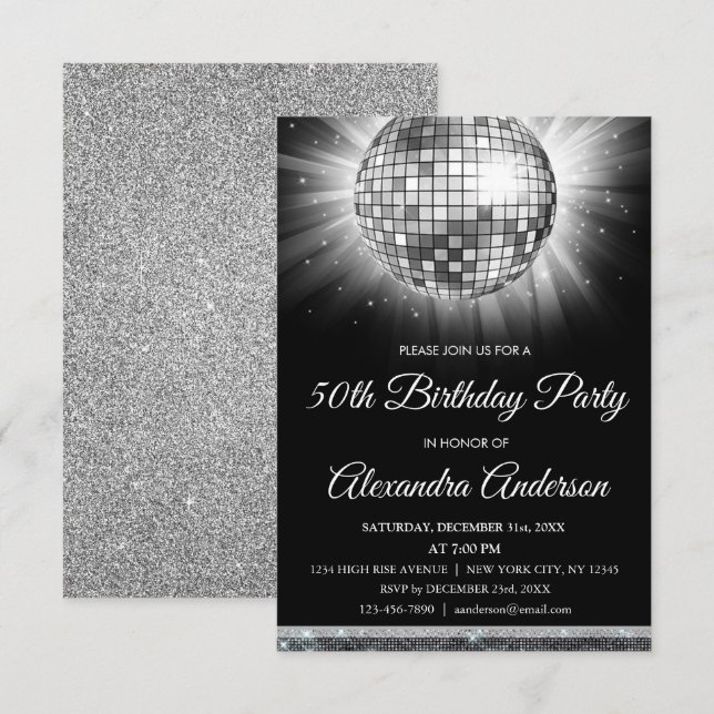 Silver 50th Birthday Party Silver Disco Ball Invitation (Front/Back)