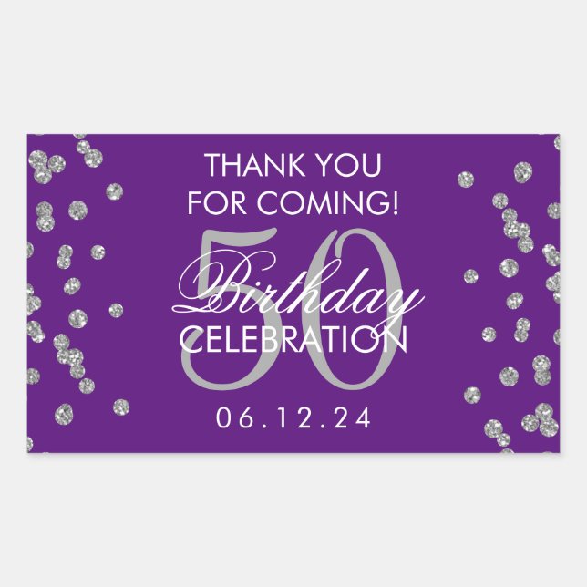Silver 50th Birthday Thank You Confetti Purple Sticker (Front)