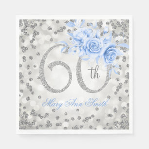 Silver 60th Birthday Blue Floral Glam Lights  Napkin
