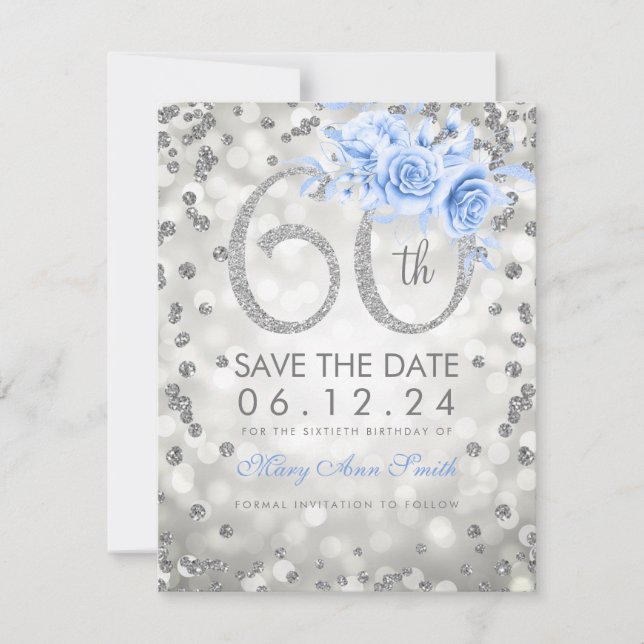 Silver 60th Birthday Blue Glam Lights  Save The Date (Front)
