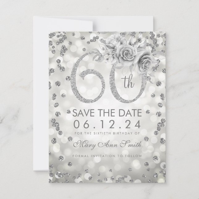 Silver 60th Birthday Glam Lights Save The Date (Front)