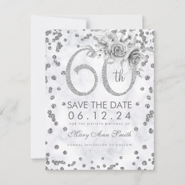 Silver 60th Birthday Glam Marble  Save The Date (Front)