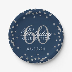 Silver 60th Birthday Glitter Confetti Navy Blue Paper Plate