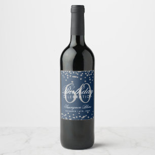 Silver 60th Birthday Glitter Confetti Navy Blue Wine Label